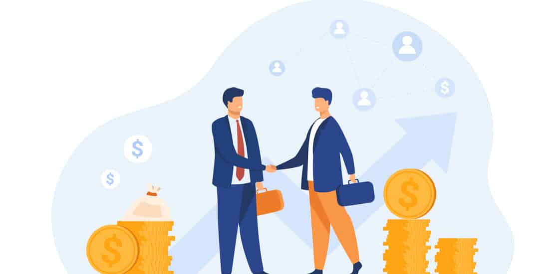 Two business partners handshaking flat vector illustration. Cartoon businessmen concluding agreement for success. Partnership, teamwork and negotiation concept