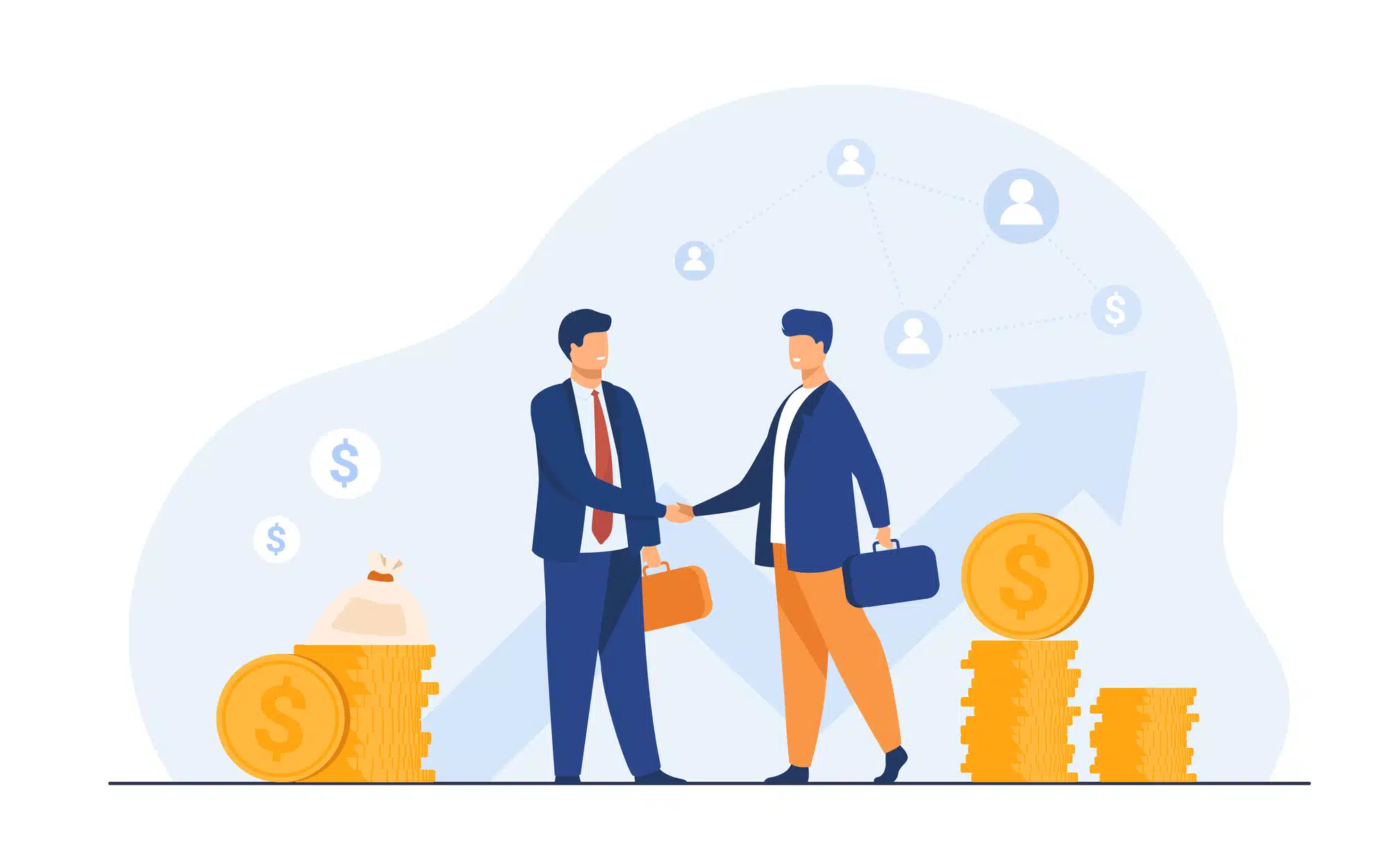 Two business partners handshaking Two business partners handshaking flat vector illustration. Cartoon businessmen concluding agreement for success. Partnership, teamwork and negotiation concept